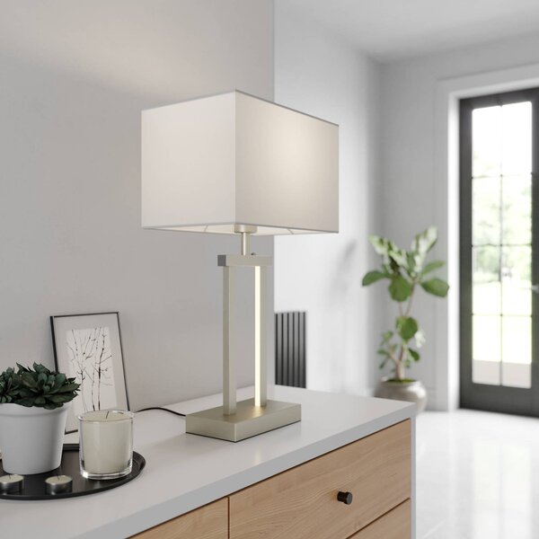 Lindby Sigurd asztali lámpa, fehér, szövet, magasság 54cm, E27, dimmelhető, Alu / szürke / cink, Nappali / Étkező, Textil / szövet / selyem, Modern