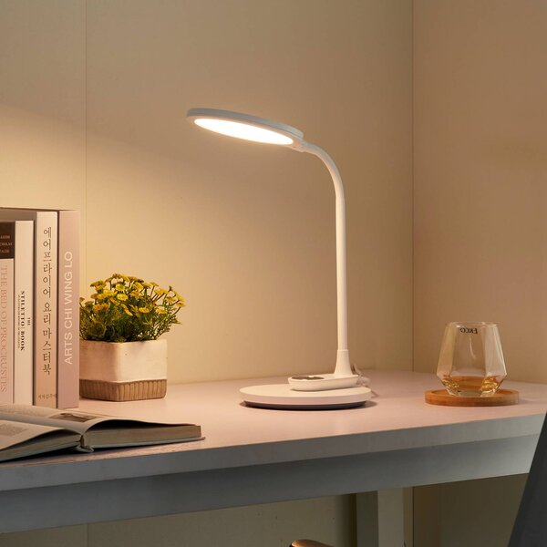 Lindby LED asztali lámpa Valtaria, fehér, CCT, dimmelhető, dimmelhető, Fehér / opál, Dolgozószoba / Iroda, Műanyag, Modern