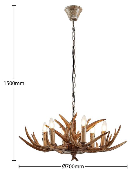 Lindby függőlámpa Tejask, Ø 70 cm, 6 lámpás, agancs, E14, dimmelhető, Barna / rozsda, Nappali / Étkező, Műanyag, Vidéki otthon / Rusztikus
