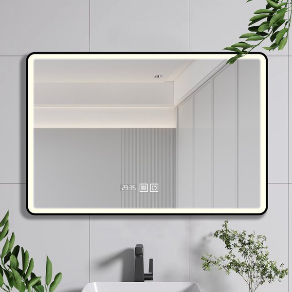 Reno 120 cm széles fali szögletes LED okostükör érintőkapcsolóval, digitális órával és páramentesítő funkcióval