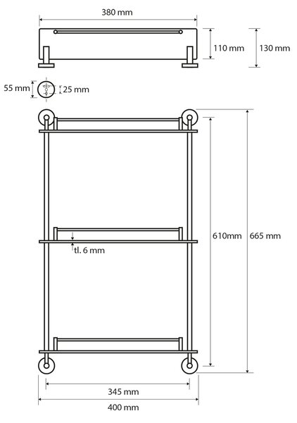 Sapho Sapho, X-ROUND E üvegpolc hármas sínnel 380x675x130mm, króm, XR608