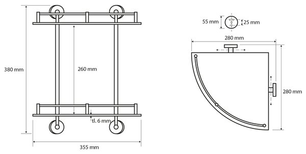 Sapho Sapho, X-ROUND E polc üveg sarok dupla sínnel 270x390x270mm, króm, XR604