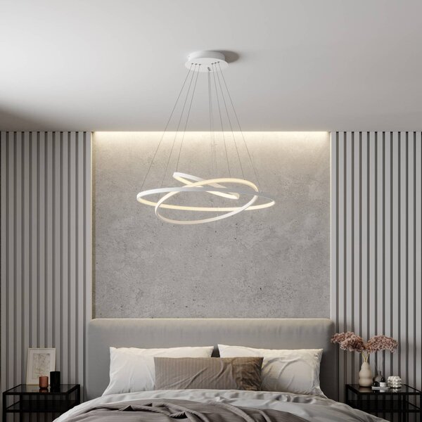 Lucande LED függő világítás Ezana, fehér, fém, Ø 80 cm, dimmelhető, Fehér / opál, Nappali / Étkező, fém, Modern