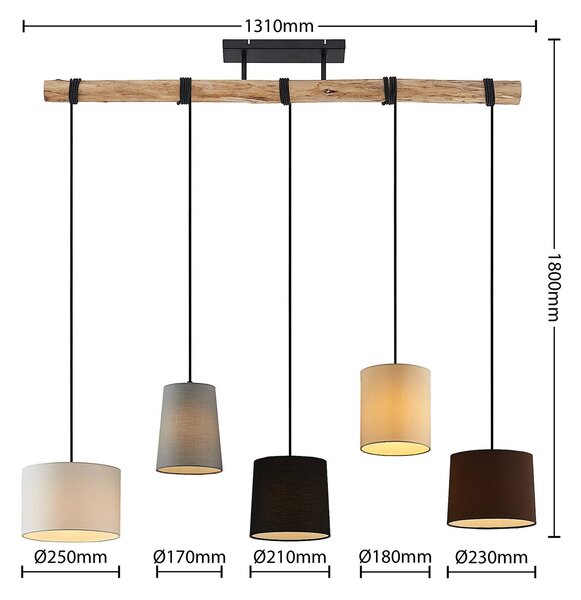 Lindby függőlámpa Amilia, szövet, 5 lámpás, szürke/bézs, E27, dimmelhető, Világos fa, Nappali / Étkező, Fa, Modern