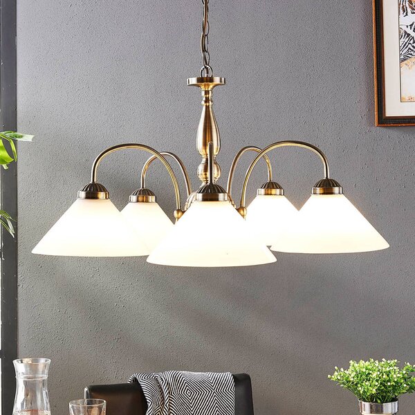Lindby függőlámpa Otis, Ø 68 cm, 5 lámpás, fehér, üveg, E27, dimmelhető, Bronz / antik sárgaréz, Konyha, Üveg, Antik