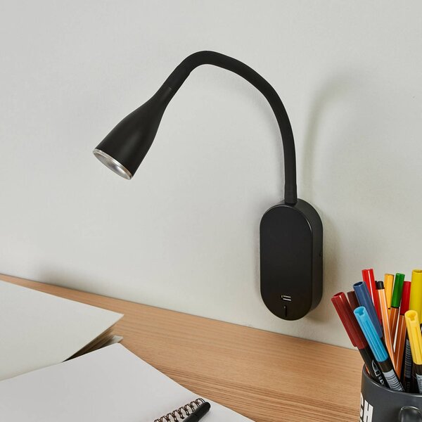 Lindby LED-es fali lámpa Enna, 34 cm, fekete, kapcsoló, USB, Fekete, Hálószoba, Műanyag, Modern