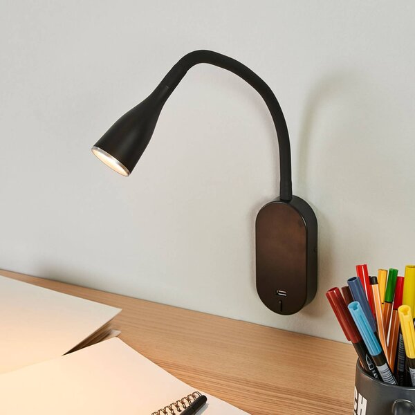 Lindby LED-es fali lámpa Enna, 34 cm, fekete, kapcsoló, USB, Fekete, Hálószoba, Műanyag, Modern