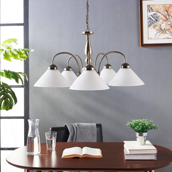 Lindby függőlámpa Otis, Ø 68 cm, 5 lámpás, fehér, üveg, E27, dimmelhető, Bronz / antik sárgaréz, Konyha, Üveg, Antik