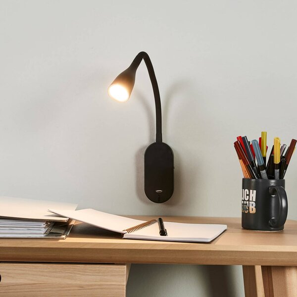 Lindby LED-es fali lámpa Enna, 34 cm, fekete, kapcsoló, USB, Fekete, Hálószoba, Műanyag, Modern