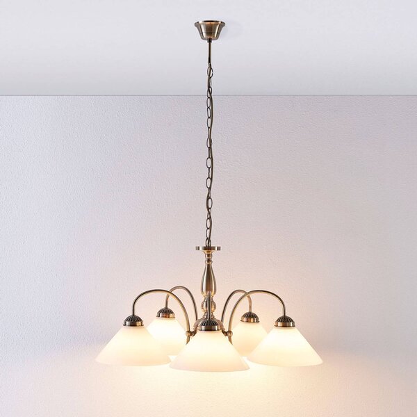 Lindby függőlámpa Otis, Ø 68 cm, 5 lámpás, fehér, üveg, E27, dimmelhető, Bronz / antik sárgaréz, Konyha, Üveg, Antik