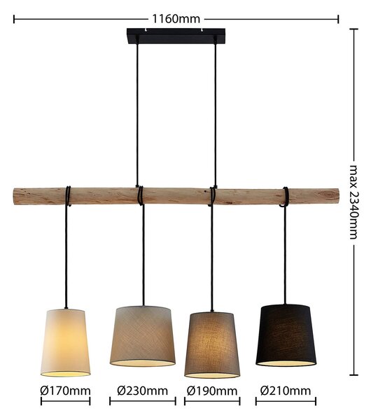 Lindby függőlámpa Hinai, fekete/szürke/fehér, textil, 116cm, dimmelhető, Fehér / opál, Nappali / Étkező, Textil / szövet / selyem, Skandináv