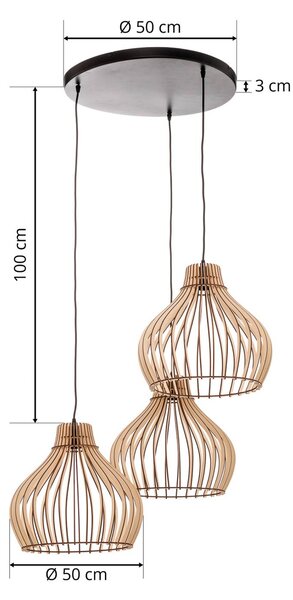 TEMAR LIGHTING Lógó világítás Barrel fa árnyékokkal, 3 izzós, kerek, dimmelhető, Világos fa, Nappali / Étkező, Fa, Vidéki otthon / Rusztikus