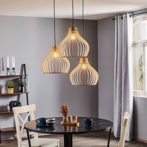 TEMAR LIGHTING Lógó világítás Barrel fa árnyékokkal, 3 izzós, kerek, dimmelhető, Világos fa, Nappali / Étkező, Fa, Vidéki otthon / Rusztikus