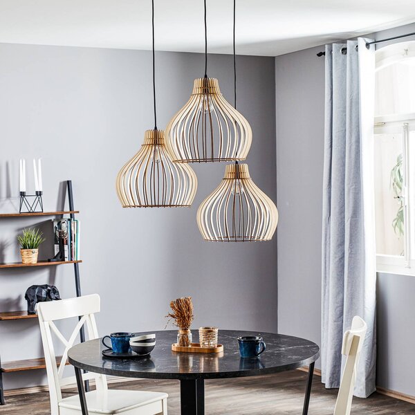 TEMAR LIGHTING Lógó világítás Barrel fa árnyékokkal, 3 izzós, kerek, dimmelhető, Világos fa, Nappali / Étkező, Fa, Vidéki otthon / Rusztikus