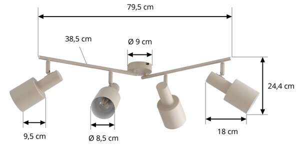 Lindby mennyezeti spotlámpa Ovelia, bézs, 80 cm, 4 lámpás, E27, dimmelhető, Krém / borostyánsárga, Nappali / Étkező, fém, Modern