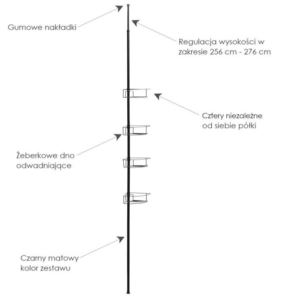 Erga Scopic, sarokteleszkópos zuhanyrúd 4 polc XL, fekete matt, ERG-YKA-CH.SCOPIC-XL-BLK