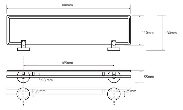 Sapho Sapho, X-ROUND E üvegpolc csuklós rúddal 300x130mm, tejüveg, króm, XR607