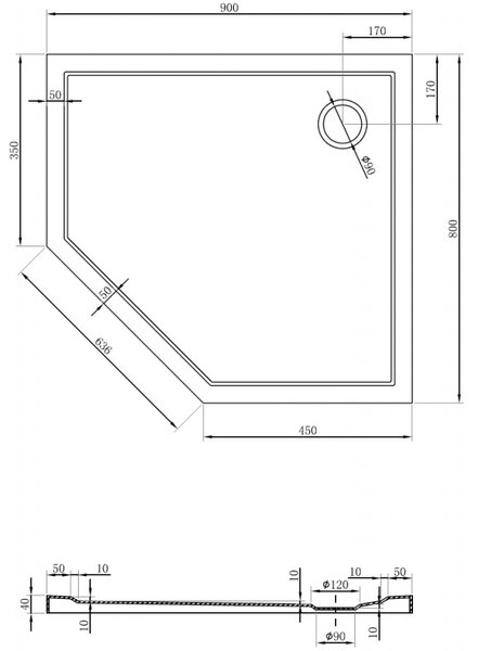 Mexen Flow Slim, jobb oldali ötszögletű zuhanytálca 90 x 80 cm, fényes fehér, 46P108090R