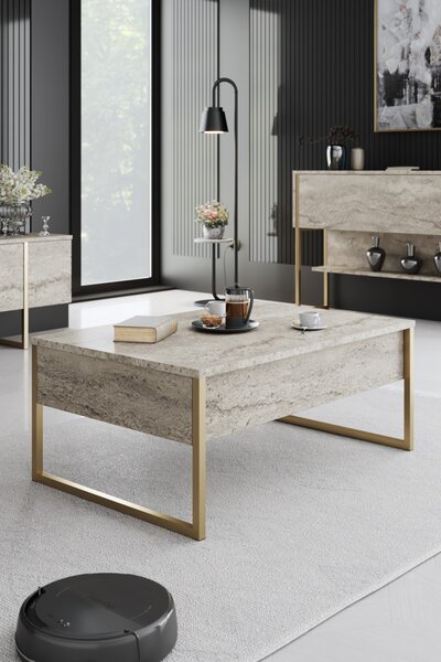 Luxe travertin dohányzóasztal arany vázzal