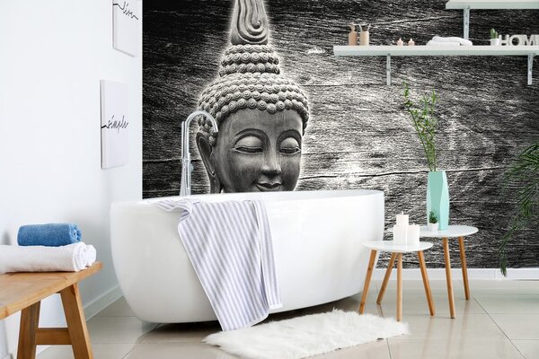 Fotótapéta fekete fehér Buddha szobor fa háttéren