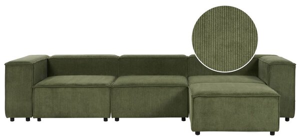 Kombinálható háromszemélyes zöld kordbársony kanapé ottománnal APRICA