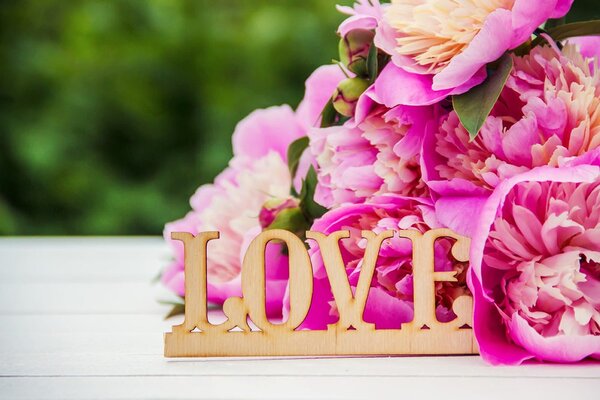 Fotótapéta pünkösdi rózsa a Love felirattal