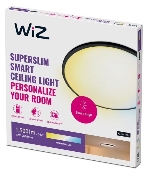 Mennyezeti Lámpa WiZ, SuperSlim, dimmable, Fekete, Nappali, Műanyag, Modern