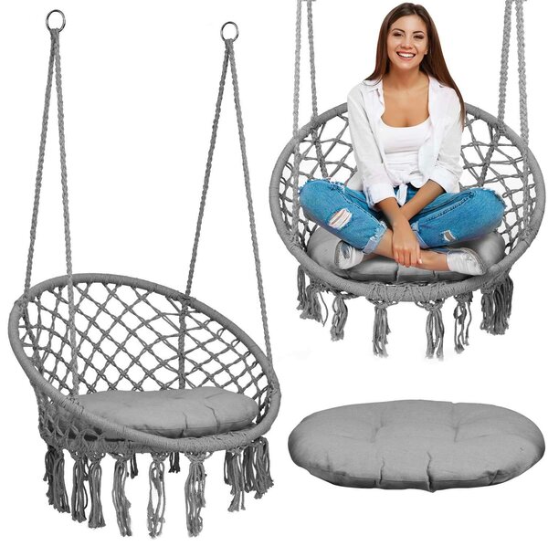 Sofotel Boho makramé Függőszék párnával, 150kg - Szürke