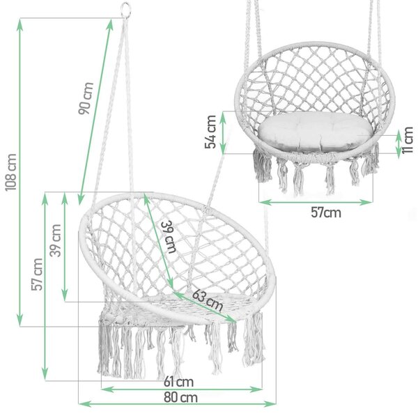 Sofotel Boho makramé Függőszék párnával, 150kg - Szürke