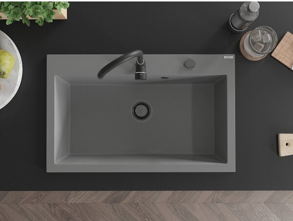 Mexen Elix, 1 tálos gránit mosogató 800 x 500 mm, szürke, fekete szifon, 6527801005-71-B