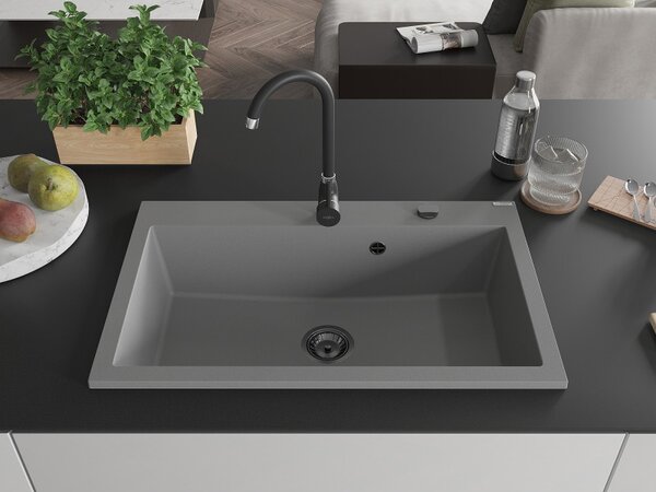 Mexen Elix, 1 tálos gránit mosogató 800 x 500 mm, szürke, fekete szifon, 6527801005-71-B
