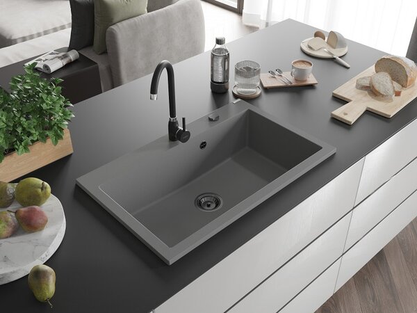 Mexen Elix, 1 tálos gránit mosogató 800 x 500 mm, szürke, fekete szifon, 6527801005-71-B
