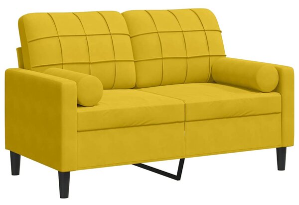 2 személyes sárga bársony kanapé díszpárnákkal 120 cm