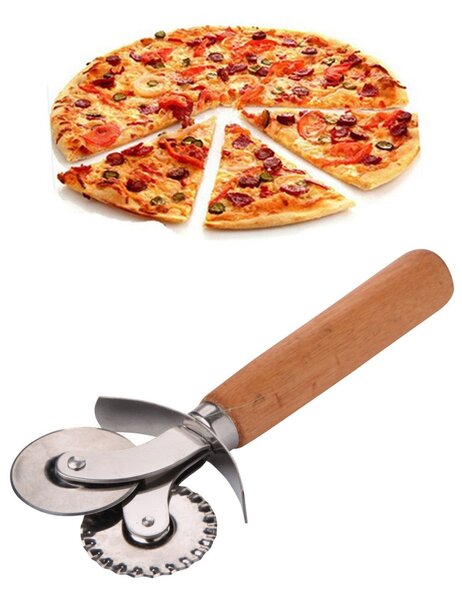 Acél pizzavágó fa tartóval