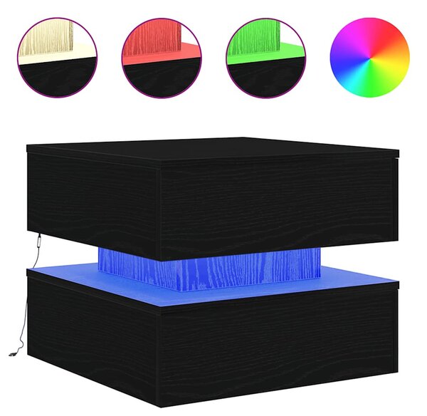 Fekete tölgyszínű dohányzóasztal LED-lámpákkal 50 x 50 x 40 cm