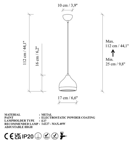 Yildo M-6870 fehér fém függőlámpa, Ø17 cm