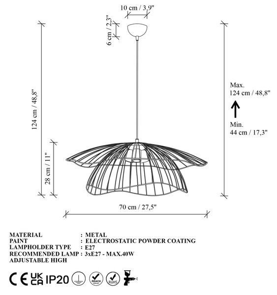 Mantar 6503-3-XL arany fém 3 izzós függőlámpa, Ø70 cm