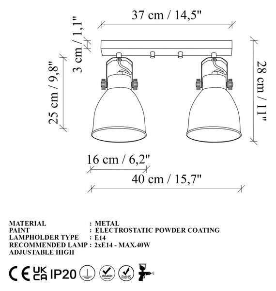 Spotkafası 15435 fekete fém függőlámpa, 40 x 16 cm, 2 izzós
