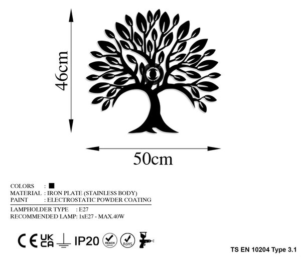 Heart Tree V2 fekete fém falilámpa