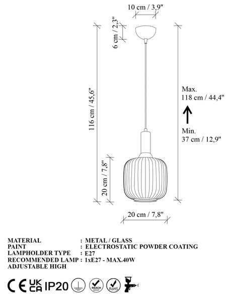 Asker 15186 arany fém-üveg függőlámpa, Ø20 cm