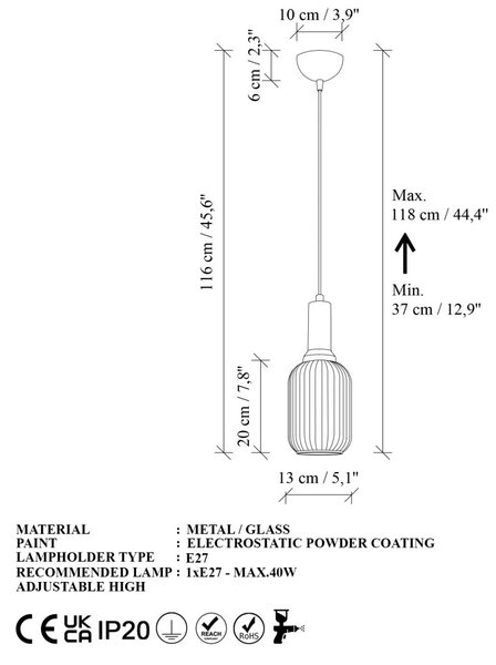 Asker 15191 arany fém-üveg függőlámpa, Ø13 cm