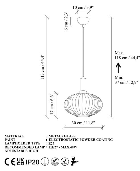Asker 15182 fekete fém-üveg függőlámpa, Ø30 cm