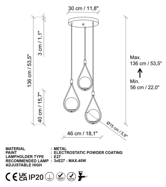 Mudoni MR-938-2 arany fém és üveg 3 izzós függőlámpa, Ø46 cm