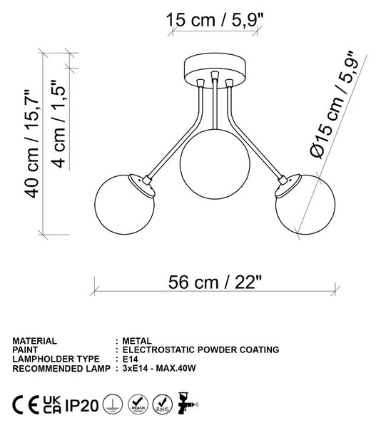 Orion 13956 arany fém és üveg 3 izzós függőlámpa, Ø56 cm