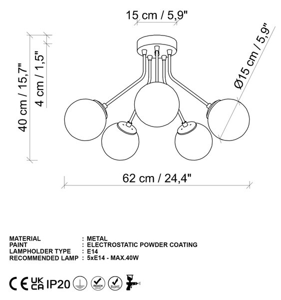 Orion 13961 arany fém és üveg 5 izzós függőlámpa, Ø62 cm