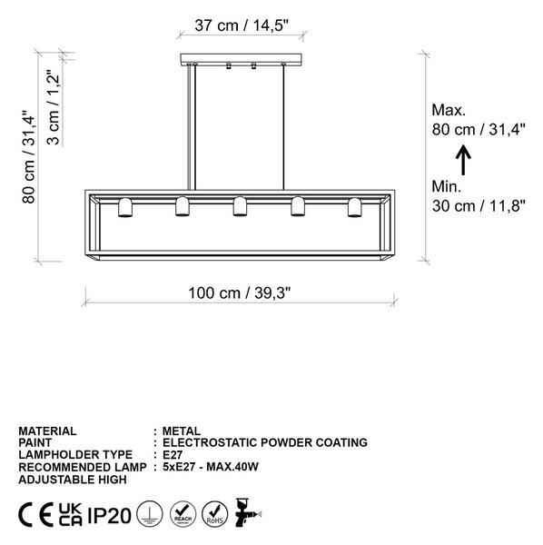 Kafes 13748 fekete fém függőlámpa, 100 x 20 x 20 cm, 5 izzós