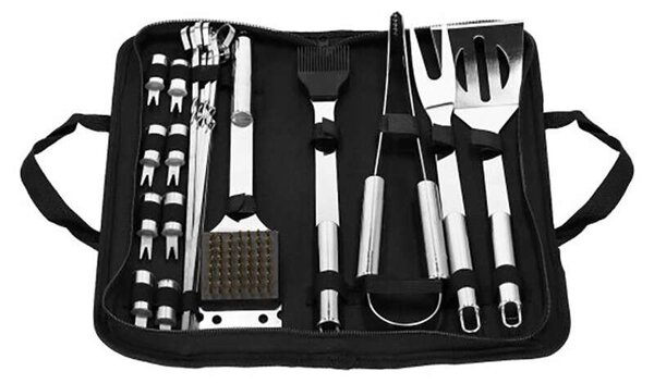 Springos rozsdamentes grill készlet, 20 darabos, grillszett táskában