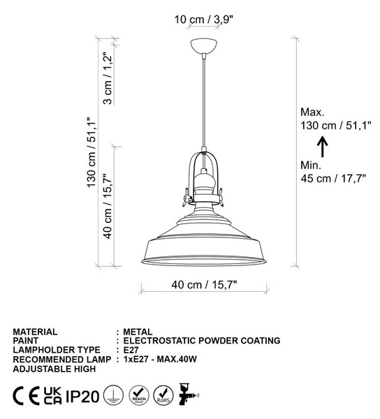 Craft 13982 fehér fém függőlámpa, Ø41 cm