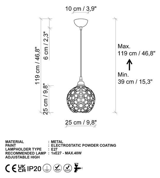 Selcuklu MR-785-1 arany fém függőlámpa, Ø25 cm