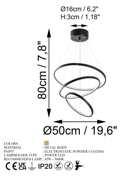 Simit 13697 fekete fém LED függőlámpa, 50 x 50 cm